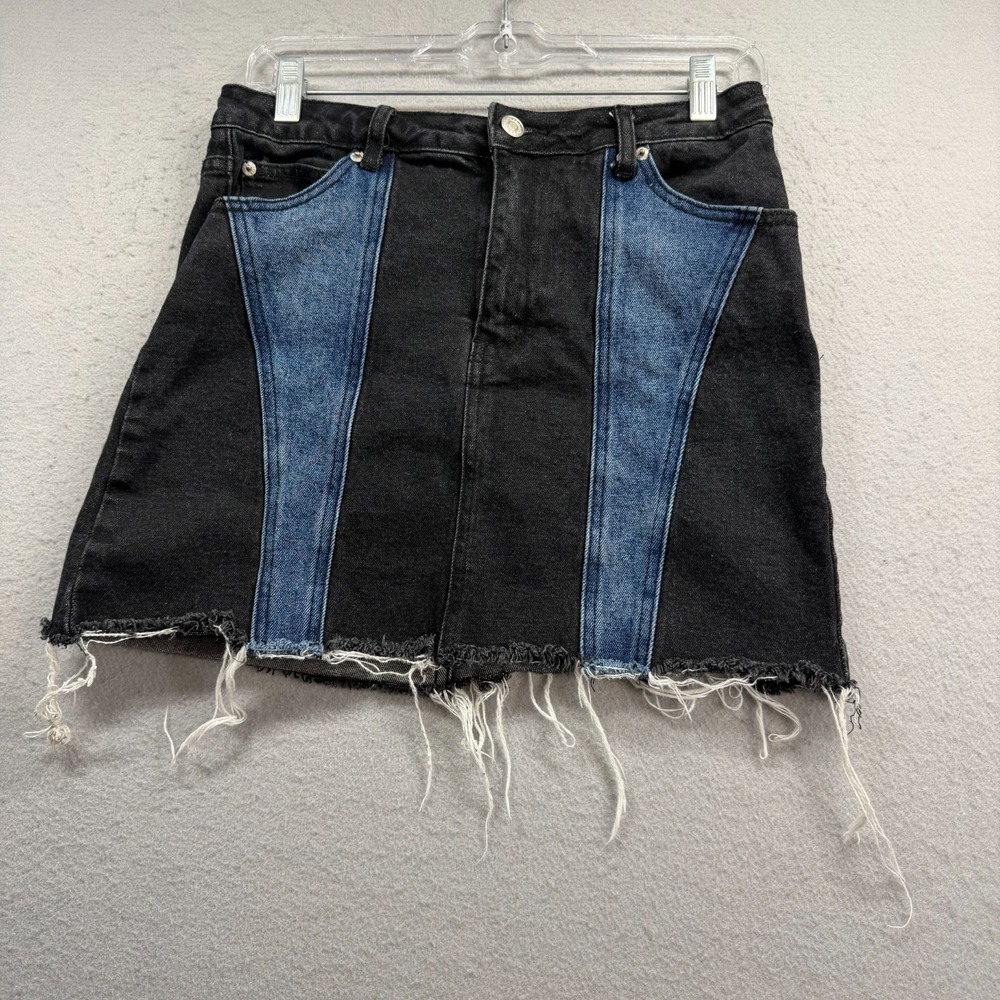 DNA Skirt Womens Medium Black Blue Denim Two Tone‎ Colorblock Distressed Frayed